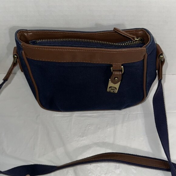 Etienne Aigner Navy Blue Canvas Crossbody Purse With Brown Leather Trim - Picture 1 of 5